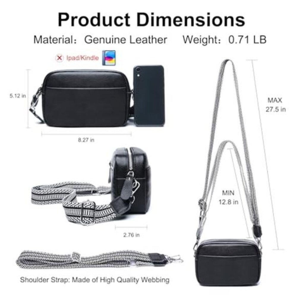 Genuine Leather Crossbody Bag Womens Rfid Camera Purse Guitar Strap Black - Picture 6 of 6